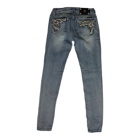 Miss Me Skinny Womens Jeans Tag 26 Light Blue Angel Wings Low-Rise W27xL32 Denim - Picture 5 of 12